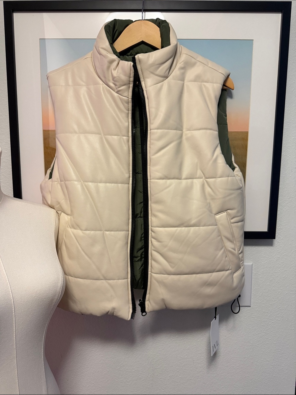 NWT Revolve IVL Collective Reversible Puffer Vest Cream/Olive Green